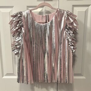 NWT Anthropologie Metallic Flutter Sleeve Pleated Top Pink Silver L